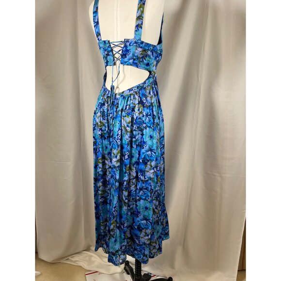 FOR LOVE & LEMONS Astor Midi Dress Blue Floral Sz L Pleated Bust Lace Up Back - Picture 5 of 16
